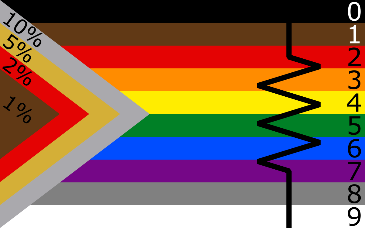 Image of the progress pride flag with resistor colour codes